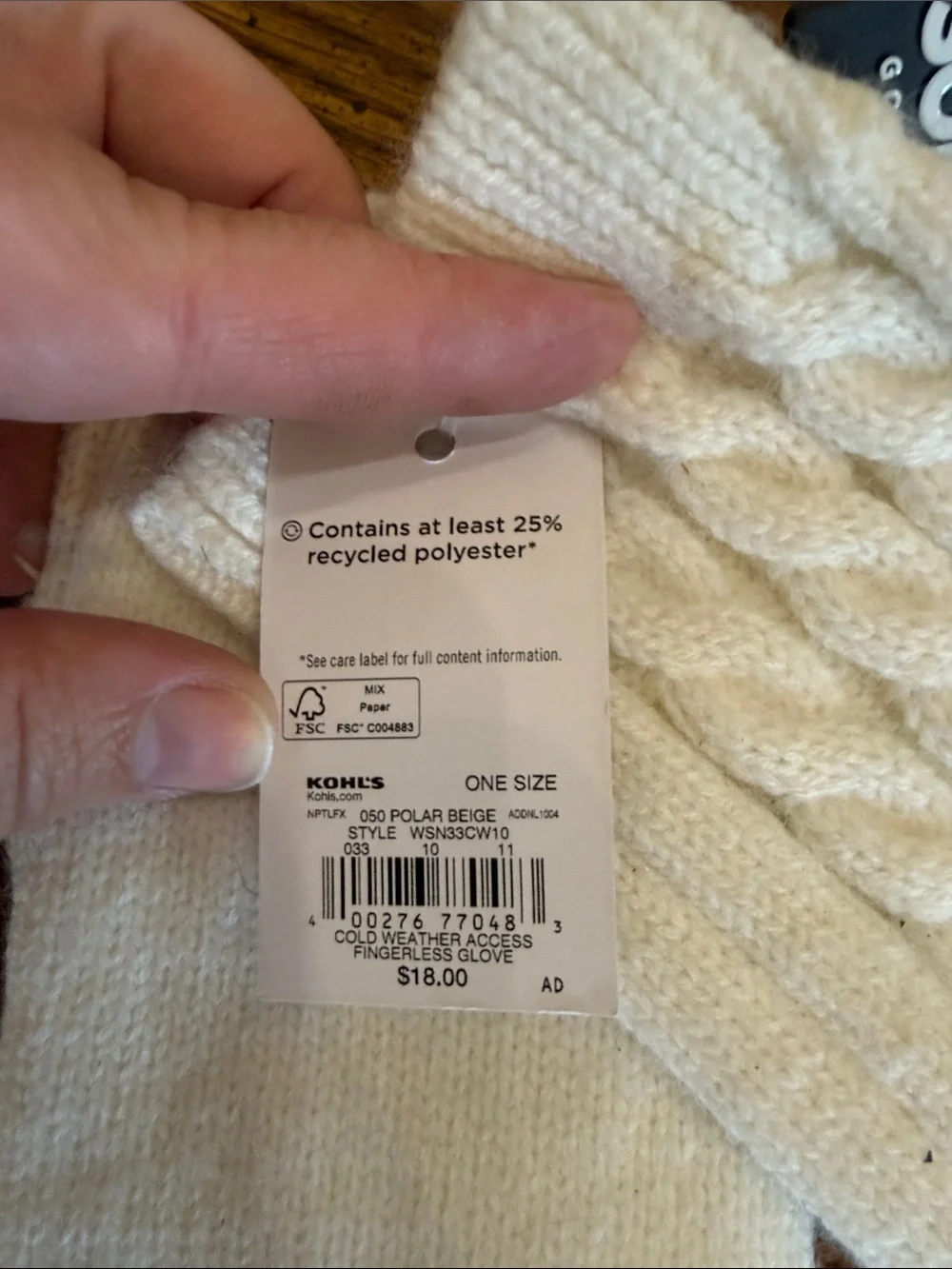 SONOMA Cream Cable Knit Fingerless Wrist Warmers